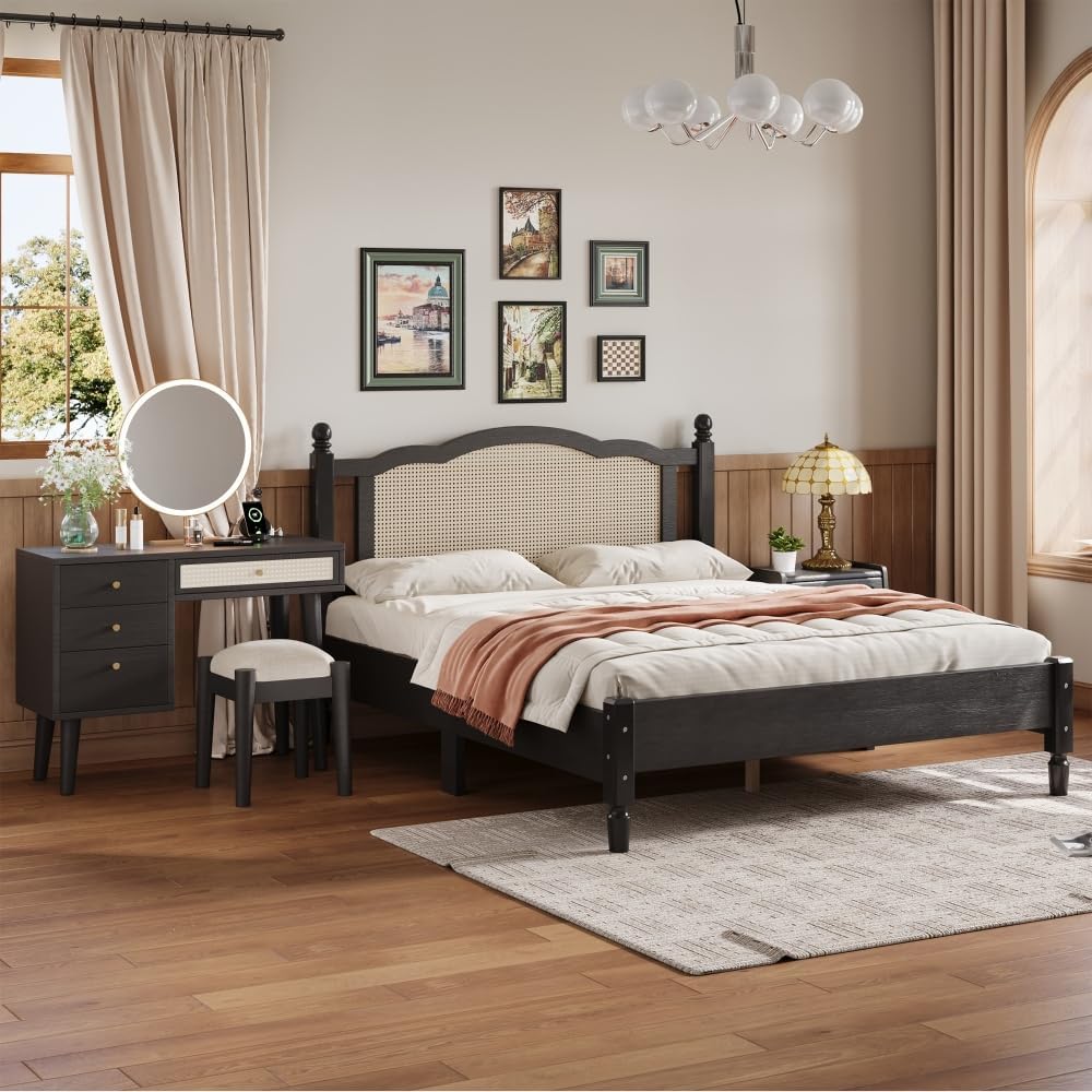 3 Pieces Bedroom Set with Full Size Wooden Bed Frame, 1 Vintage Nightstand and 1 Makeup Vanity Set with Stool,Black (Black + Wood + Queen + 3 Piece Set)