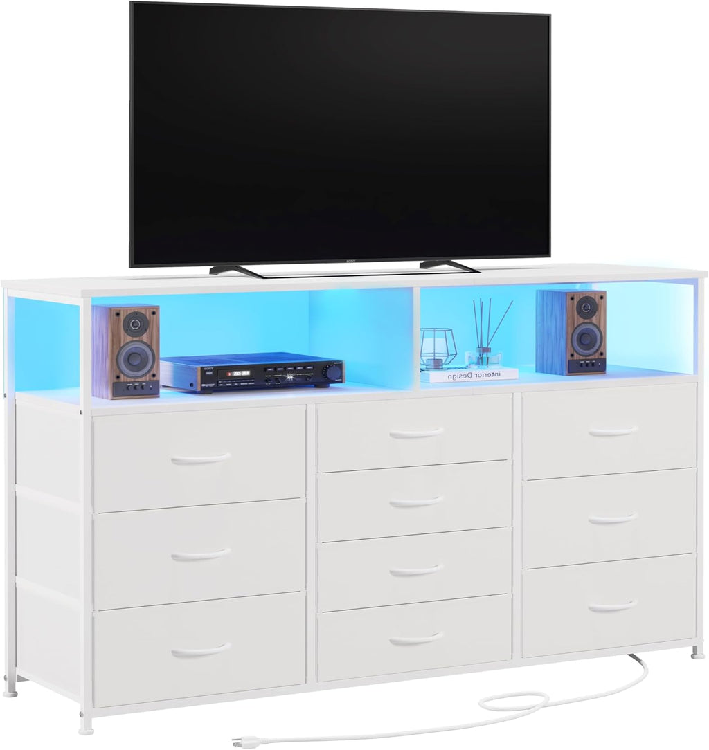 Unionly 55W 10-Drawers Dresser with 2 Open Storage Shelves, TV Stand Dresser for 55,65 inch TV，with Power Outlets and LED Lights, Fabric Dressers Drawers for Bedroom, Living Room (White)