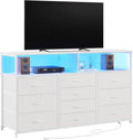 Unionly 55W 10-Drawers Dresser with 2 Open Storage Shelves, TV Stand Dresser for 55,65 inch TV，with Power Outlets and LED Lights, Fabric Dressers Drawers for Bedroom, Living Room (White)