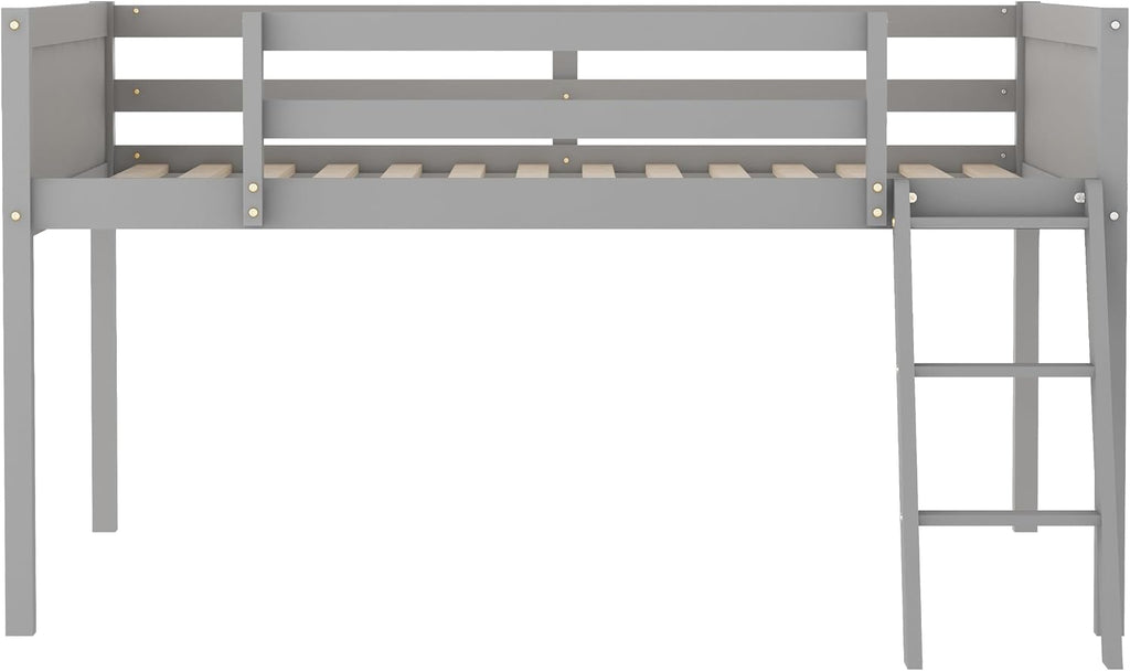 JIVOIT Full Size Low Loft Bed, Wooden Loft Bed with Convertible Ladder, Ladder can be Placed on The Left or Right, Full-Length Guardrails, No Box Spring Required (Gray & Convertible Ladder,Full)