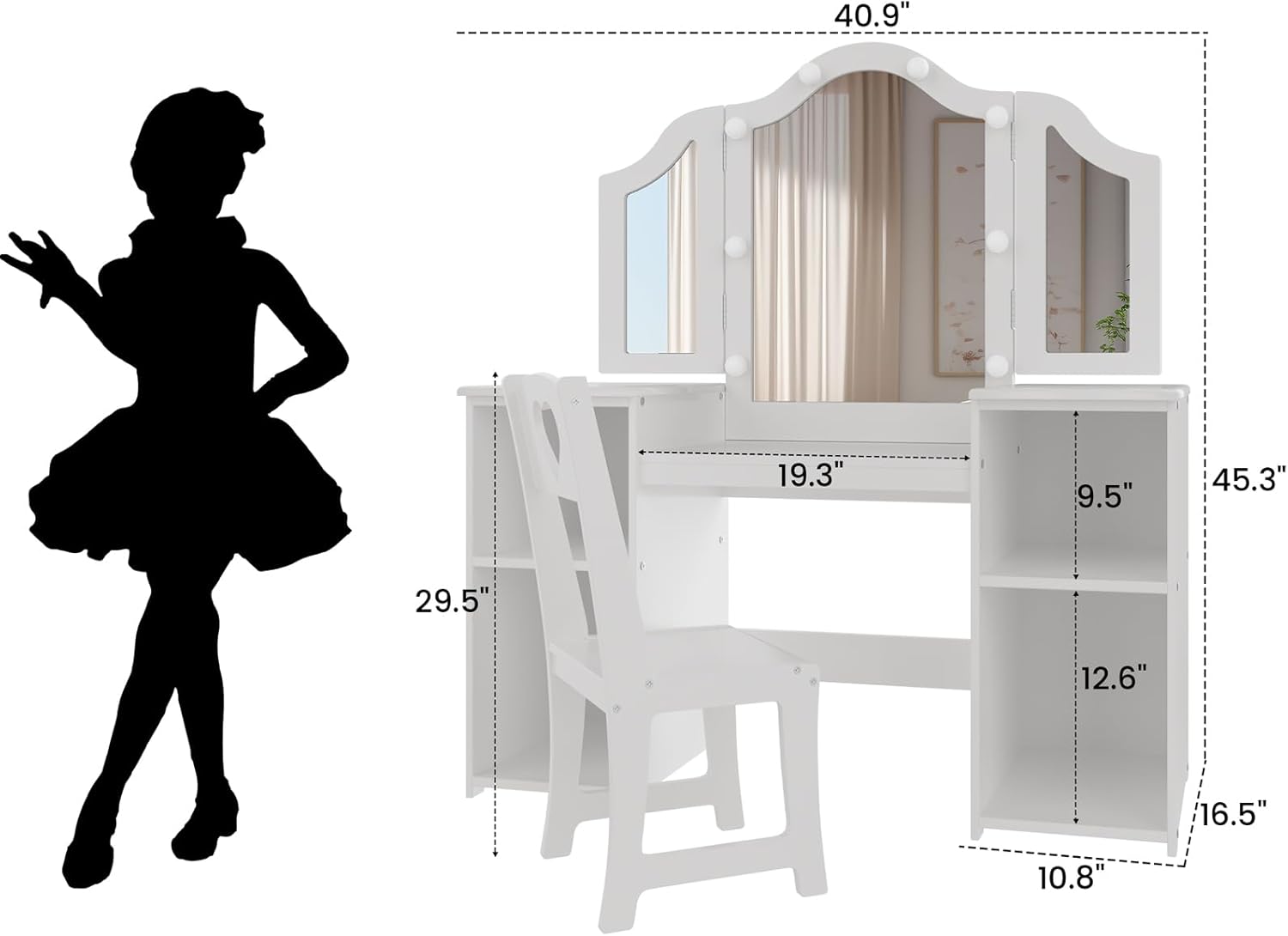 Garvee Kids Vanity Table, Princess Makeup Desk & Chair Set Withtouch Light Detachable Tri-Folding Mirror, Open Storage Shelves, Wooden Girls Vanity Dressing Table, Pretend Play Vanity Set for Toddler