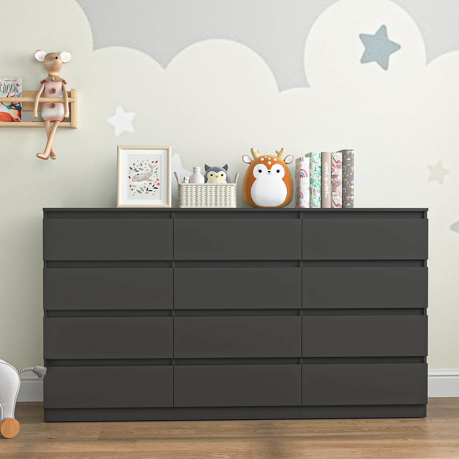 Black 12 Drawer Dresser for Bedroom,Modern Long Deep Drawer Dresser,Wood Storage Chest of Drawer, Storage Organizer Drawers for Bedroom