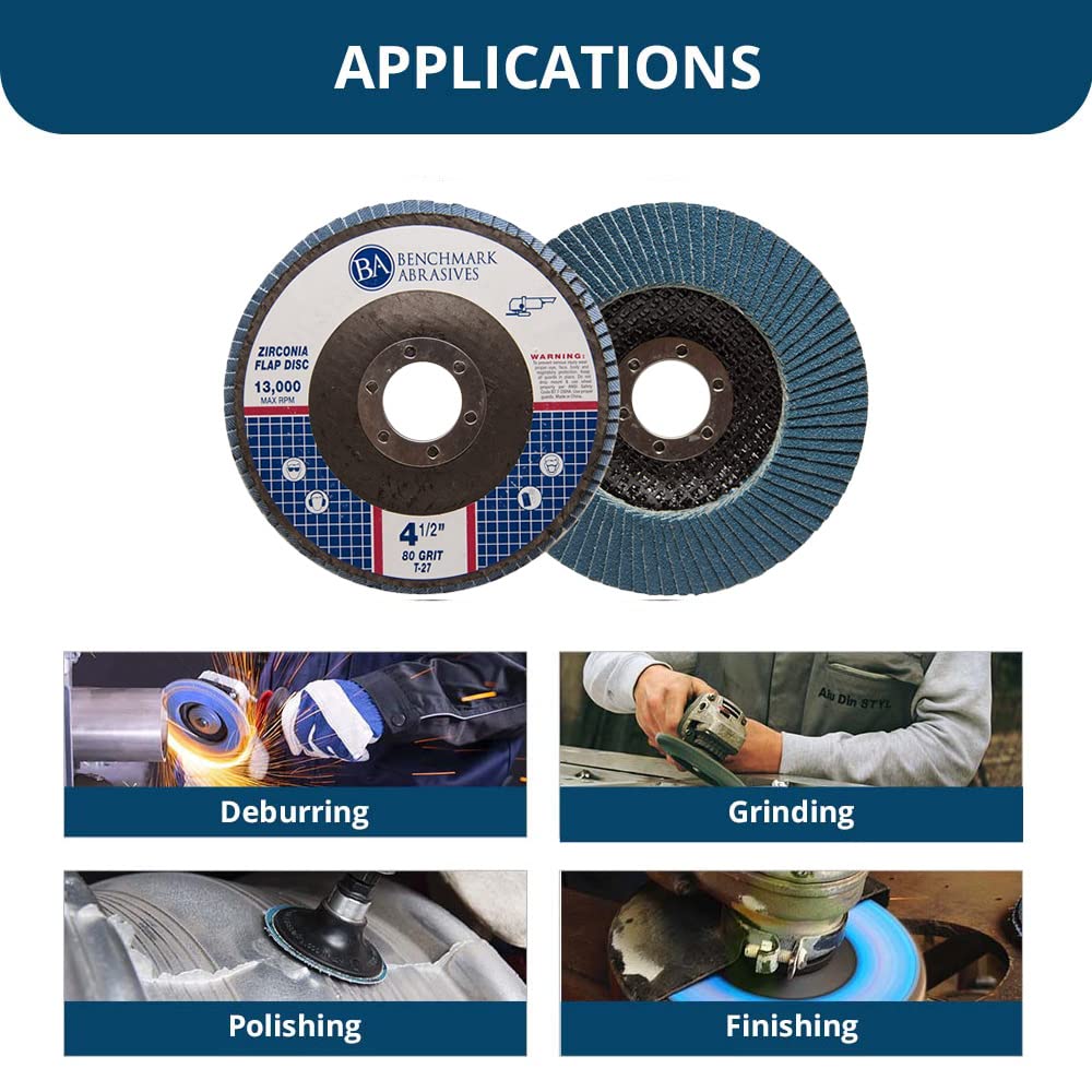 Benchmark Abrasives 4.5' x 7/8' Premium Zirconia T27 Flat Flap Discs 4 1/2 for Angle Grinder Sanding Discs, Finishing Grinding Wheels 4 1/2 Inch for Sanding Stock Rust Removal (100 Pack) - 80 Grit