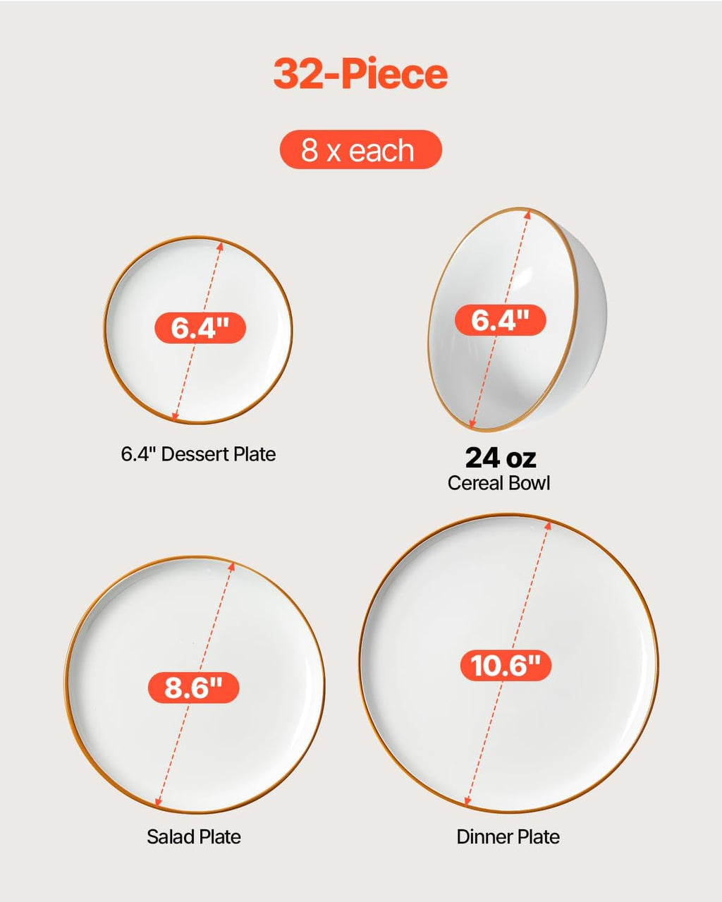 VEVOR Dinnerware Set, Service for 8 (32 PCS), Round Plates and Bowls Sets, Scratch Resistant Ceramic Dinner Ware, Dishwasher and Microwave Suitable Kitchen Dish, for Dessert Salad Soup Pasta, White