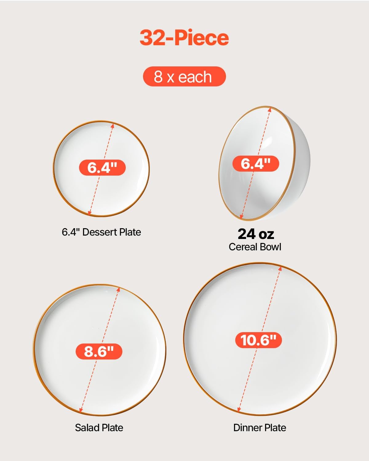 VEVOR Dinnerware Set, Service for 8 (32 PCS), Round Plates and Bowls Sets, Scratch Resistant Ceramic Dinner Ware, Dishwasher and Microwave Suitable Kitchen Dish, for Dessert Salad Soup Pasta, White