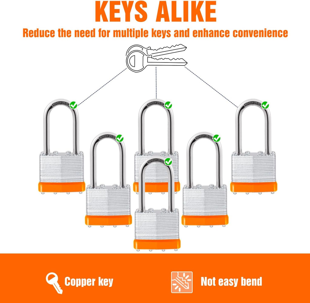 60Pcs Padlocks with Same Keys,Laminated Steel Orange Silver(1-9/16',40mm),Long Shackle for Sheds,Gates,Fences,Toolbox,Outdoor and Indoor Use