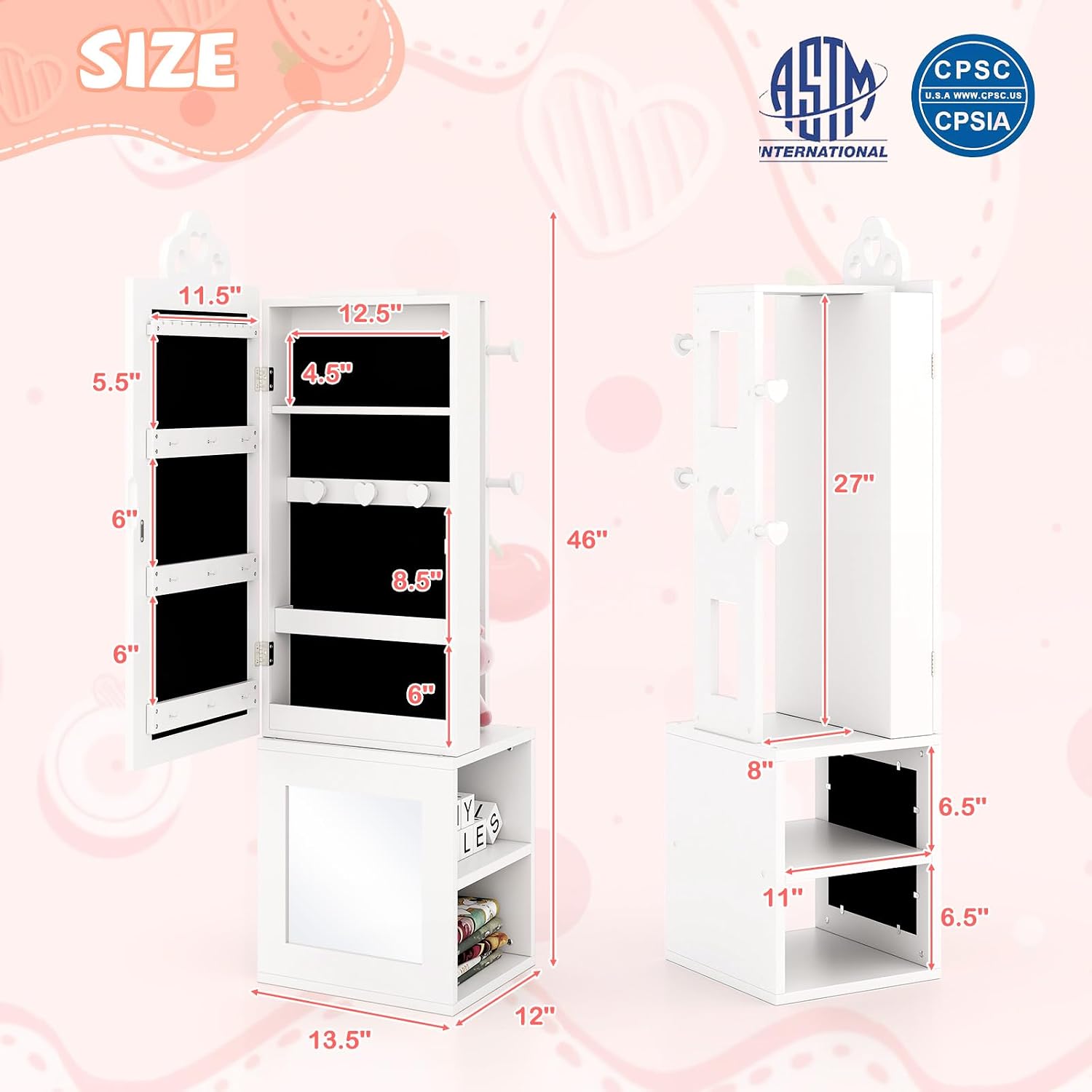 HONEY JOY 4 Piece Kids Vanity Set & Jewelry Armoire Cabinet, Snowflake Wooden Makeup Table & Chair Set, Dress Up Jewelry Organizer w/Full-Length Mirror, Kids Bedroom Furniture for Playroom (Pink)