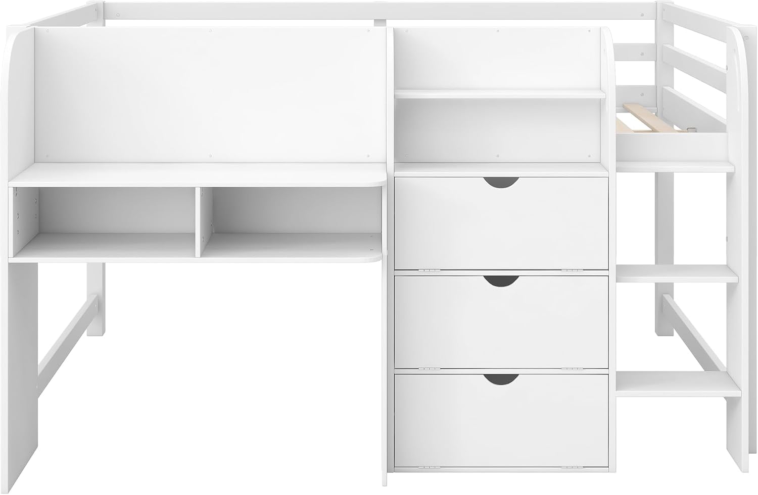 JIVOIT Full Size Loft Bed with Built-in Desk, Wooden Low Loft Bed with Storage Cabinets and Open Bookcase, Whiteboard for Graffiti, Safety Guardrail & Ladder, Easy Assembly (White//57)