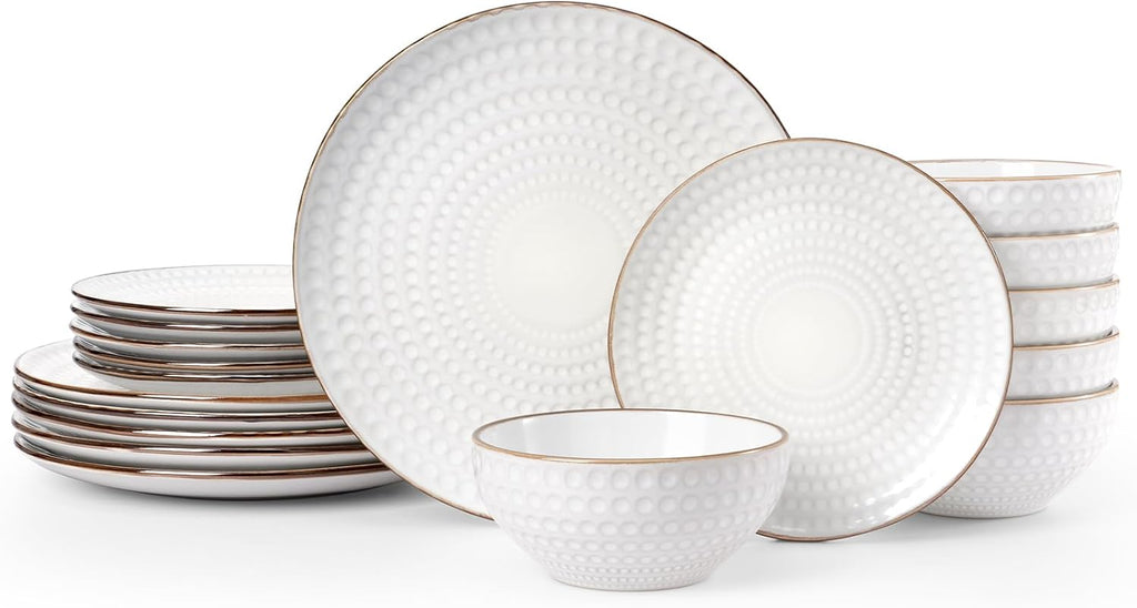 Famiware Eden Embossed Plates and Bowls Sets, Stoneware Dinnerware with Gold Trim, 18-Piece Luxury Dishes for 6, Everyday & Formal Use, Chip/Scratch Resistant, Microwave/Dishwasher Safe, White Circle
