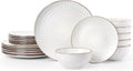 Famiware Eden Embossed Plates and Bowls Sets, Stoneware Dinnerware with Gold Trim, 18-Piece Luxury Dishes for 6, Everyday & Formal Use, Chip/Scratch Resistant, Microwave/Dishwasher Safe, White Circle