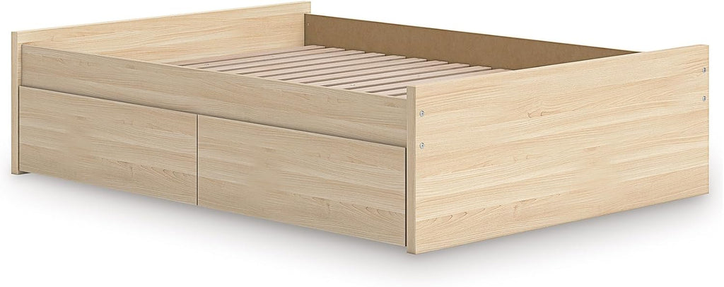 Signature Design by Ashley Onita Scandinavian 4-Drawer Full Platform Bed with 2 Side Storage, Foundation or Box Spring Not Needed, Light Brown