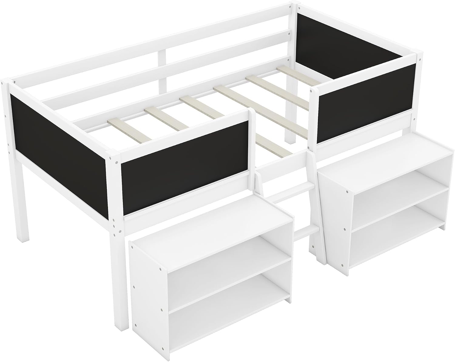 JIVOIT Twin Size Low Loft Bed with Decorative Guardrail Chalkboard, Wooden Loft Bed Frame with Two Movable Shelves and Ladder, Space Saving Design for Kids Teens Bedroom (White & 4 Chalkboard)