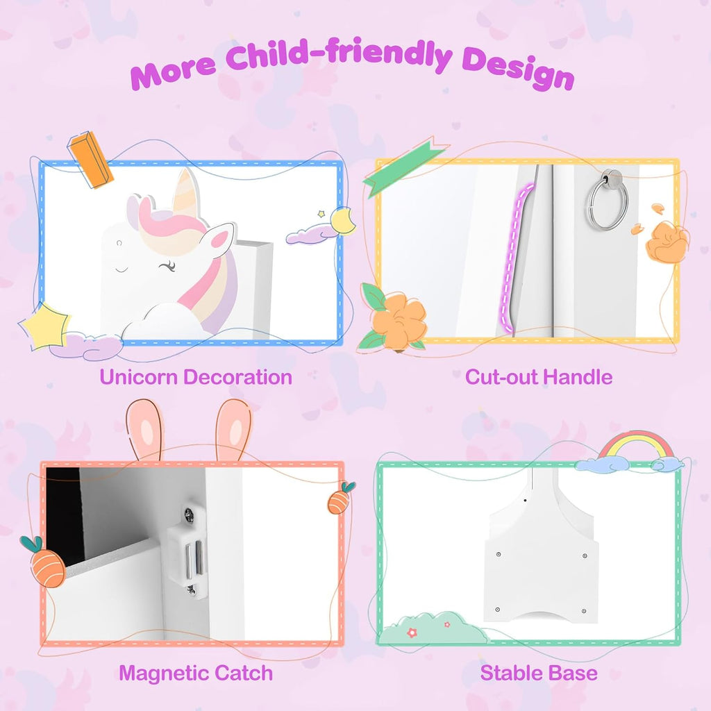 GLACER Kids Vanity & Kids Jewelry Armoire, Princess Little Girls Vanity, Standing Children Jewelry Organizer w/Full-Length Mirror & Foldable Drawers, Adjustable Angles, Kids Bedroom Set (White)