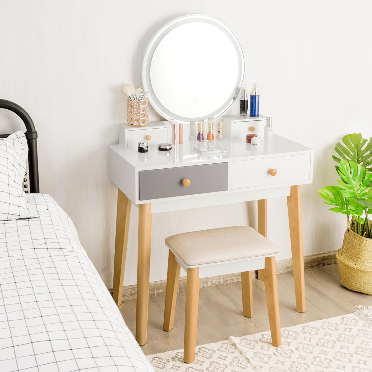 CHARMAID Vanity Set with Lighted Mirror, 3 Color Touch Screen Dimming Mirror, Adjustable Brightness, Bedroom Makeup Dressing Table with 4 Drawers and Cushioned Stool for Girls Women, White & Gray