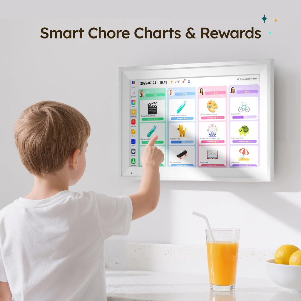 15.6-Inch Smart Digital Calendar & Chore Chart, 1080P Touchscreen Family Planner with Meal Planner & Reward System, Desk & Wall Mountable (White)