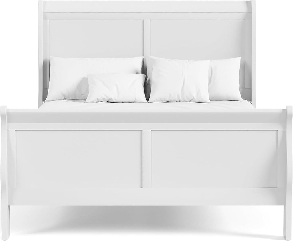 MAKLAINE Modern Transitional Solid Wood Full Bed, White Finish, Sleigh Design with Paneled Headboard and Footboard, 83.5' L x 56.25' W x 47.25' H, Durable Kids Bed for Bedroom, Box Spring Required