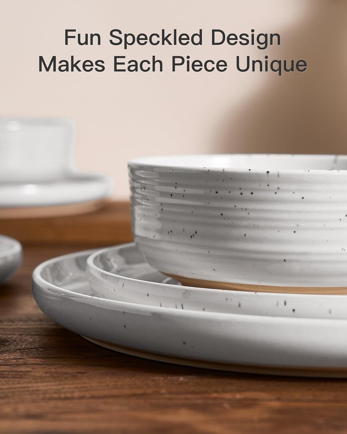 24-Piece Stoneware Dinnerware Set – Flared Plates and Bowls with Reactive Glaze, Speckles & Spirals, Chip & Scratch Resistant Dishes, Dishwasher Safe, Service for 8, Gift Box, White