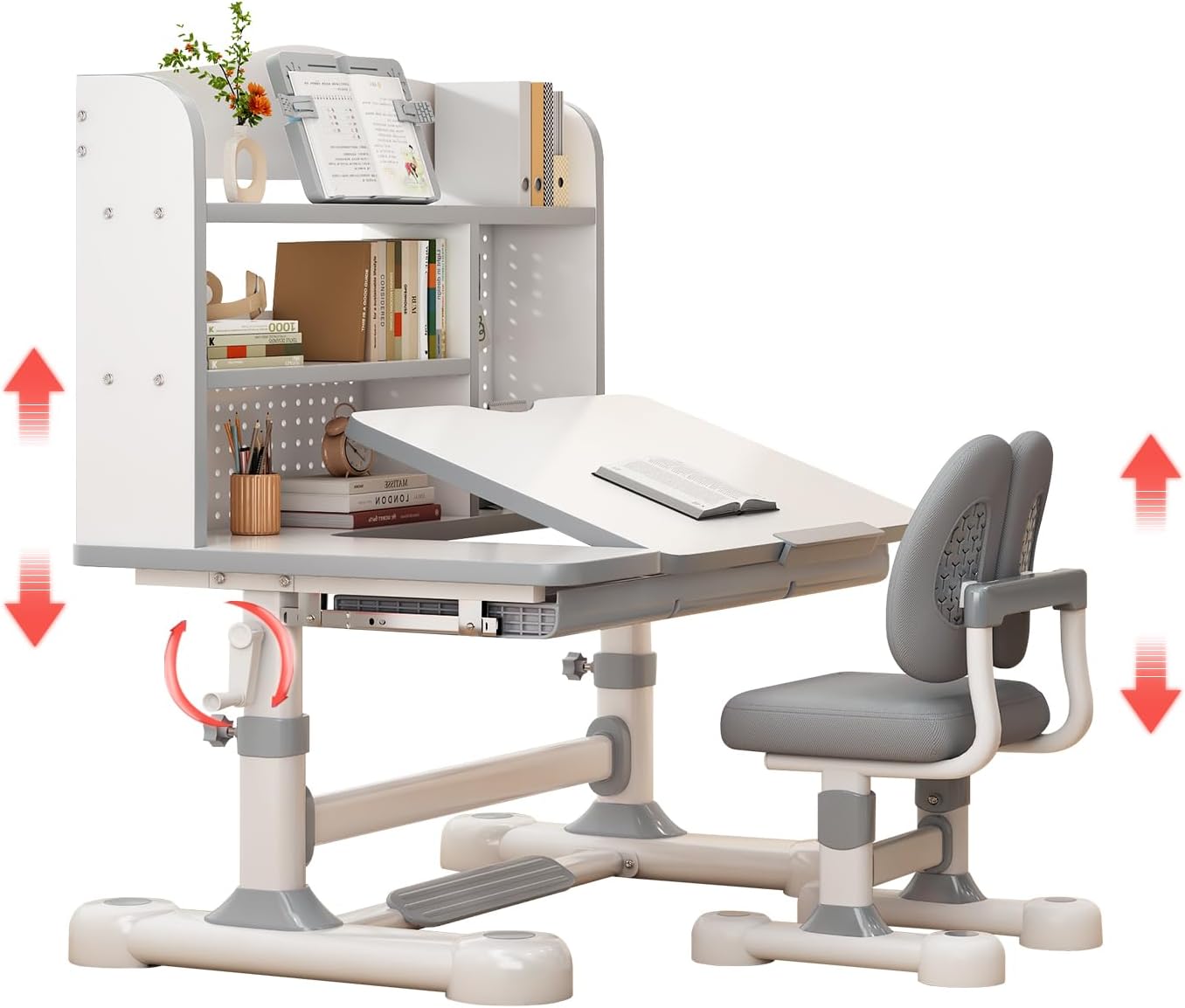 Kids Adjustable Study Desk and Chair, One-Touch Tilt Desktop with Storage, Ergonomic Learning Table for Boys and Girls Ages 3–12 (013-Grey)