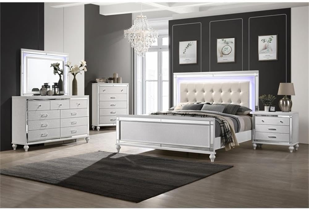 Pemberly Row Contemporary Solid Wood 3-Drawer Nightstand, White Finish, 31.1'' W x 18.11'' D x 29.33'' H, Durable Veneers, Embossed Inlay, Bedroom Storage Furniture