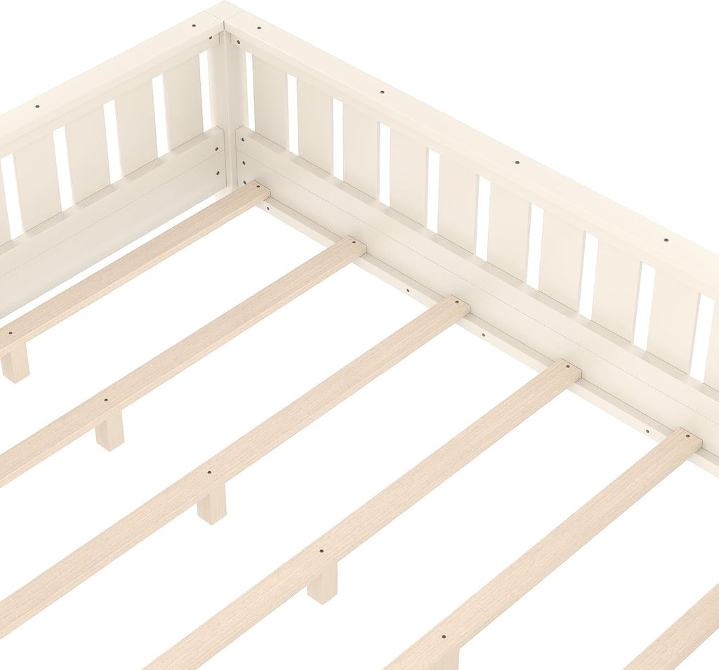 Bellemave Beige Light Natural Montessori Floor Bed with Fence and Slats, Queen Size Montessori Floor Bed with Bookcase and High Rails, Easy Assemble Bed Frame for Girls, Boys, Queen