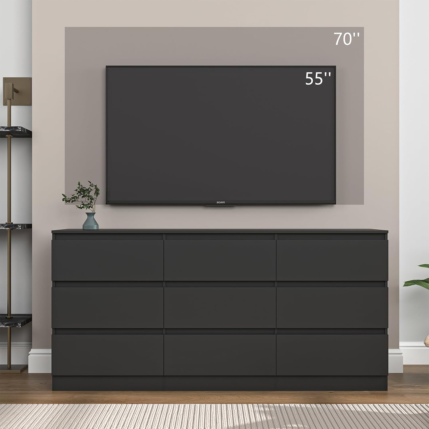 Black 9 Drawer Dresser for Bedroom,Modern Deep Drawer Dresser with No-Handle Design,Wide Storage Chest of Drawers,Wood Bedroom Storage Organizer Furniture for Closet,Hallway