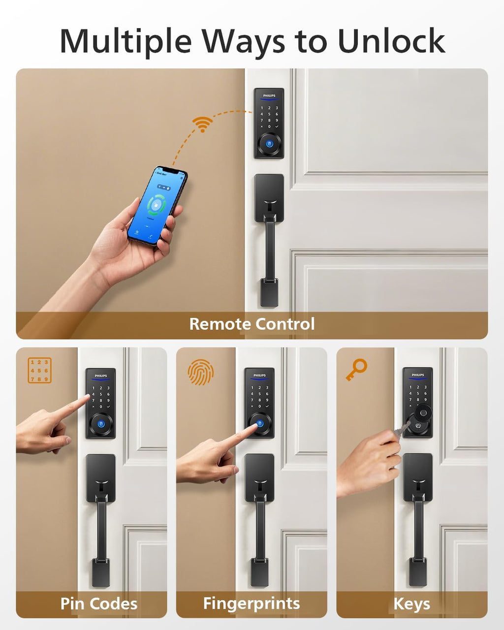 Philips Wi-Fi Smart Lock with Handle, Keyless Entry Keypad Door Lock with Handle, Front Door Deadbolt Set with WiFi Gateway, App Control, Fingerprint Unlock, PIN Code Unlock, Auto Locking