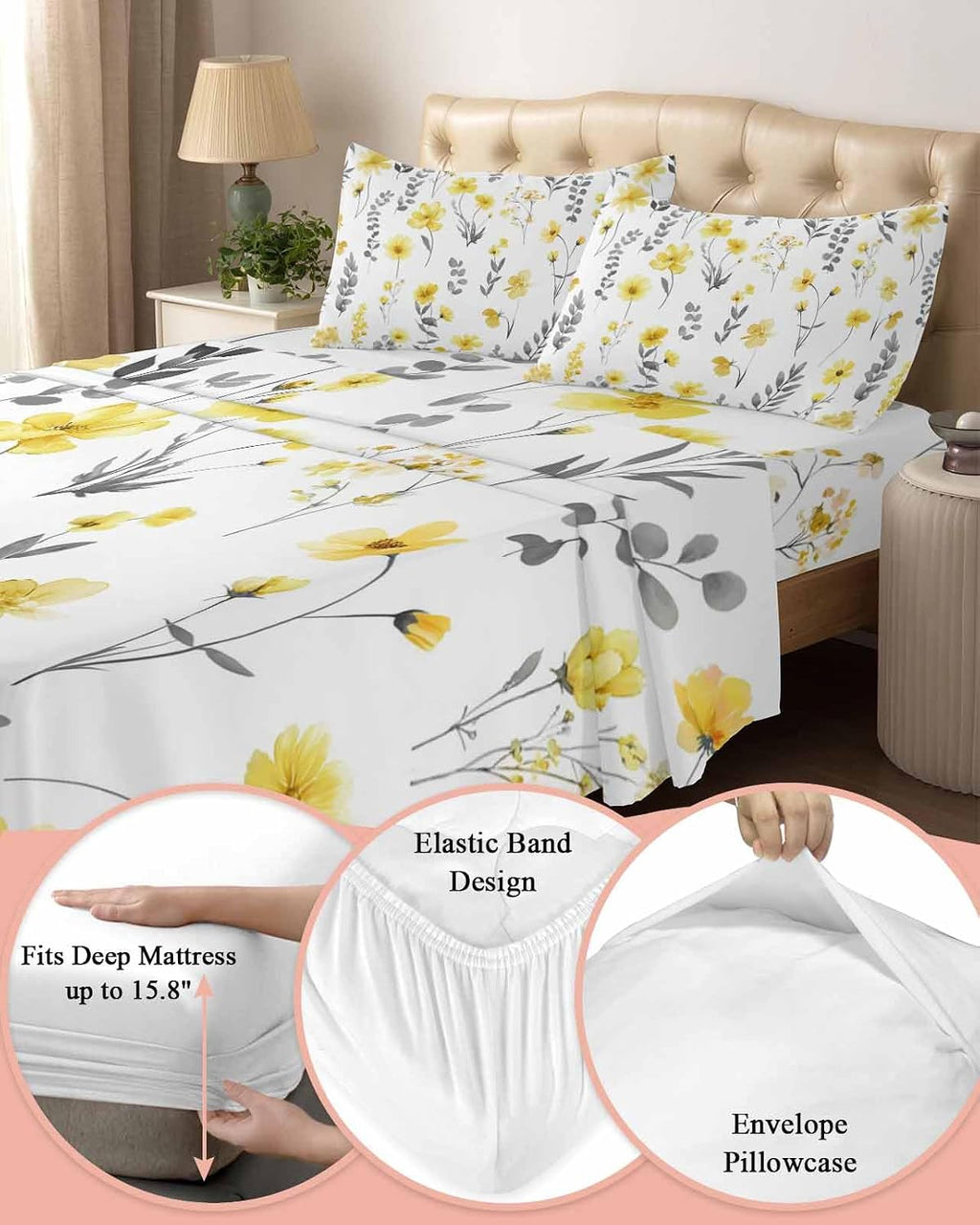 Yellow Spring Floral Cal King Sheet Set 4 Piece Bedding - Flowers Botanical Elegant Pastoral Breathable Comfy Cooling Bed Sheets & Pillowcase Sets, Hotel Luxury Flat Sheets Deep Pockets Fitted Sheet