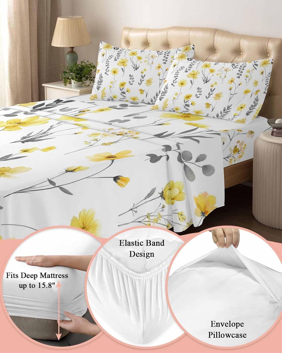 Yellow Spring Floral Cal King Sheet Set 4 Piece Bedding - Flowers Botanical Elegant Pastoral Breathable Comfy Cooling Bed Sheets & Pillowcase Sets, Hotel Luxury Flat Sheets Deep Pockets Fitted Sheet