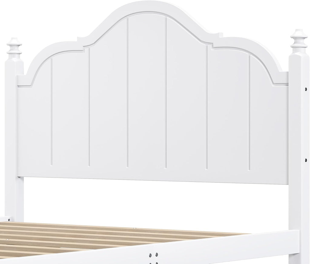 JIVOIT Vintage Wooden Bed Frame, Queen Size Platform Bed with Wide Headboard, Wood Slats Support, No Spring Box Needed, Easy Assembly (White-Queen,2)