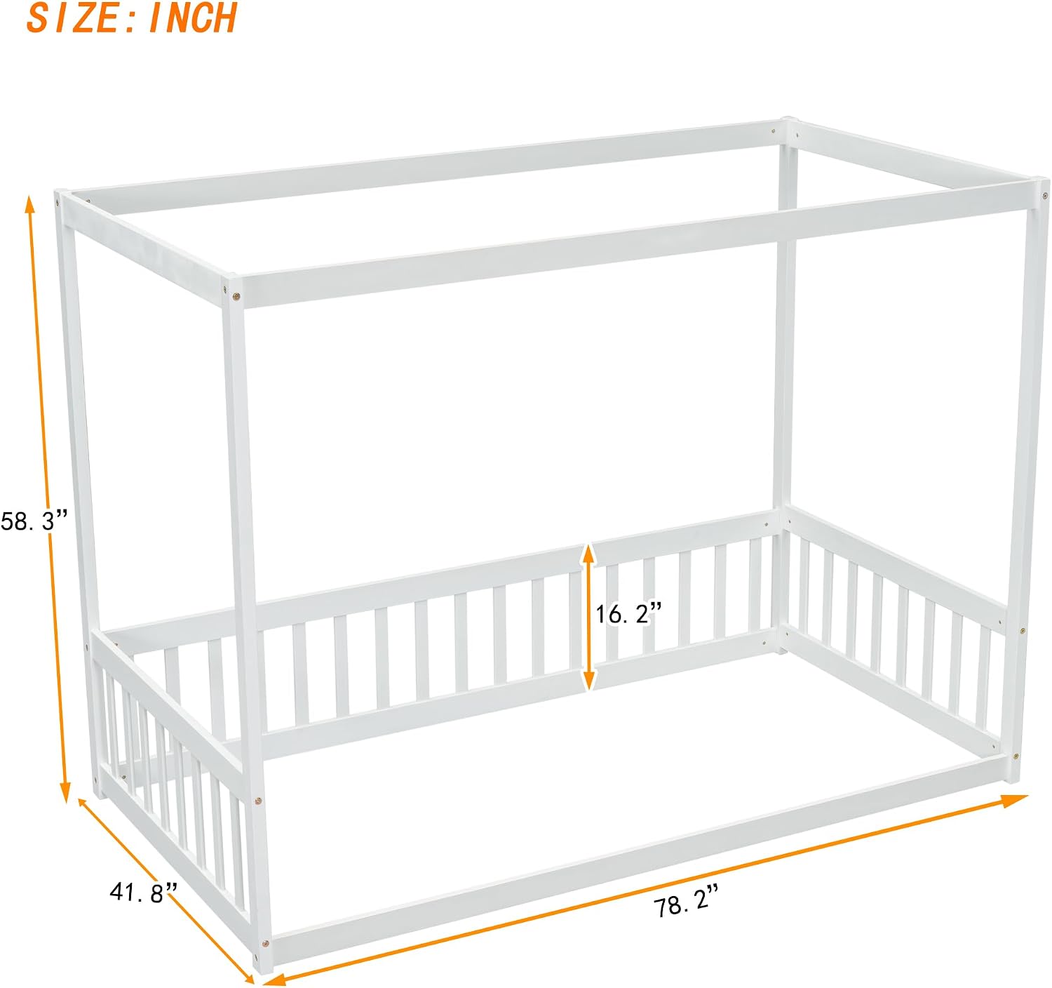 Twin Size Canopy Bed Frame with Guardrails for Kids,Floor Bed Twin with Four Poster Design,Kids Montessori Floor Bed,Wood Canopy Bed Frame for Girls,Boys(Twin,White)