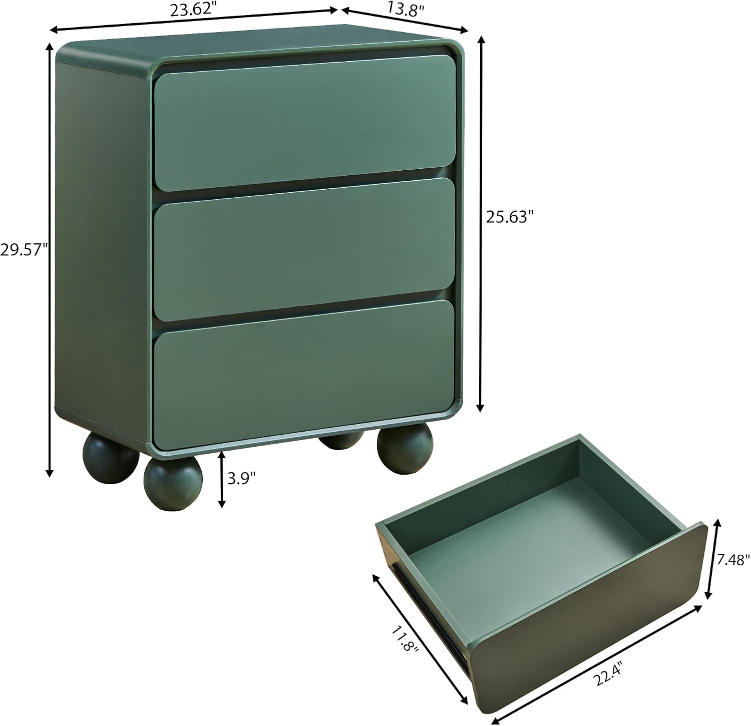 AVZEAR Modern3 Drawer Dresser for Bedroom, Curved Wooden Dresser Chest of Drawers, 3 Drawer Nightstand Closet Clothes Storage Organizer for Kids Bedroom, Living Room, Nursery, Green