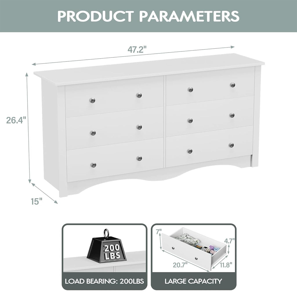 YESHOMY White Wood Dresser with 6 Drawer, 47.2'' Cabinets Dressers Wood Dresser Cabinet, Organizer Drawers for Bedroom, Living, Hallway