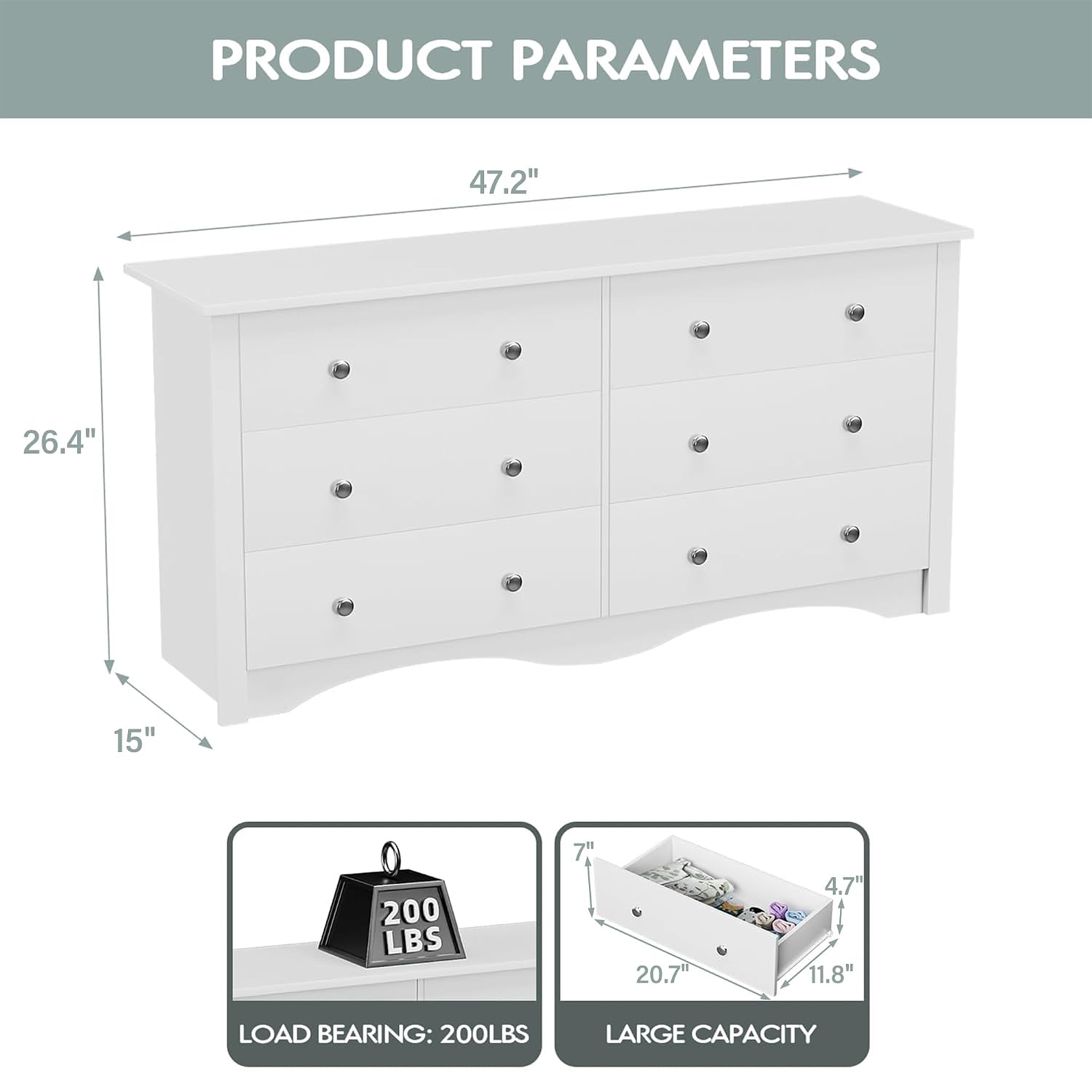 YESHOMY White Wood Dresser with 6 Drawer, 47.2'' Cabinets Dressers Wood Dresser Cabinet, Organizer Drawers for Bedroom, Living, Hallway