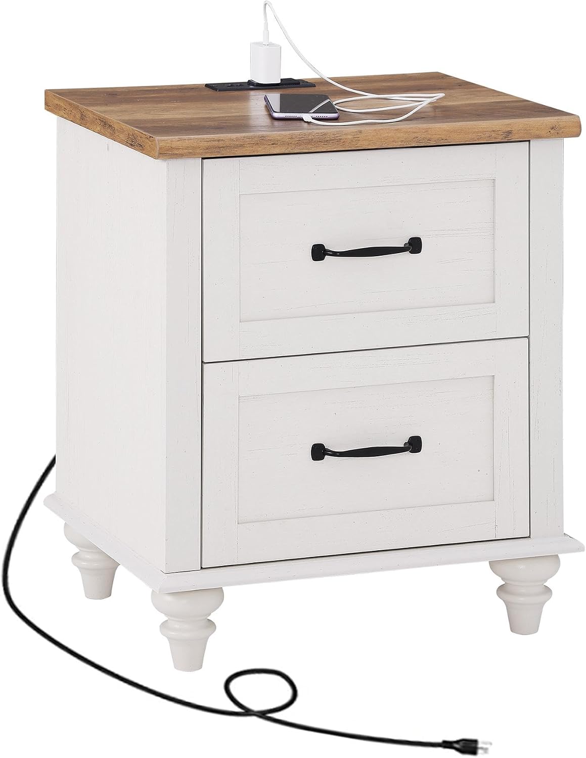 WAMPAT Off White Nightstand with Charging Station, 20 Inch Night Stand with 2 Drawers, Wooden Rustic Bedside Table End Tables with Solid Wood Legs for Bedroom