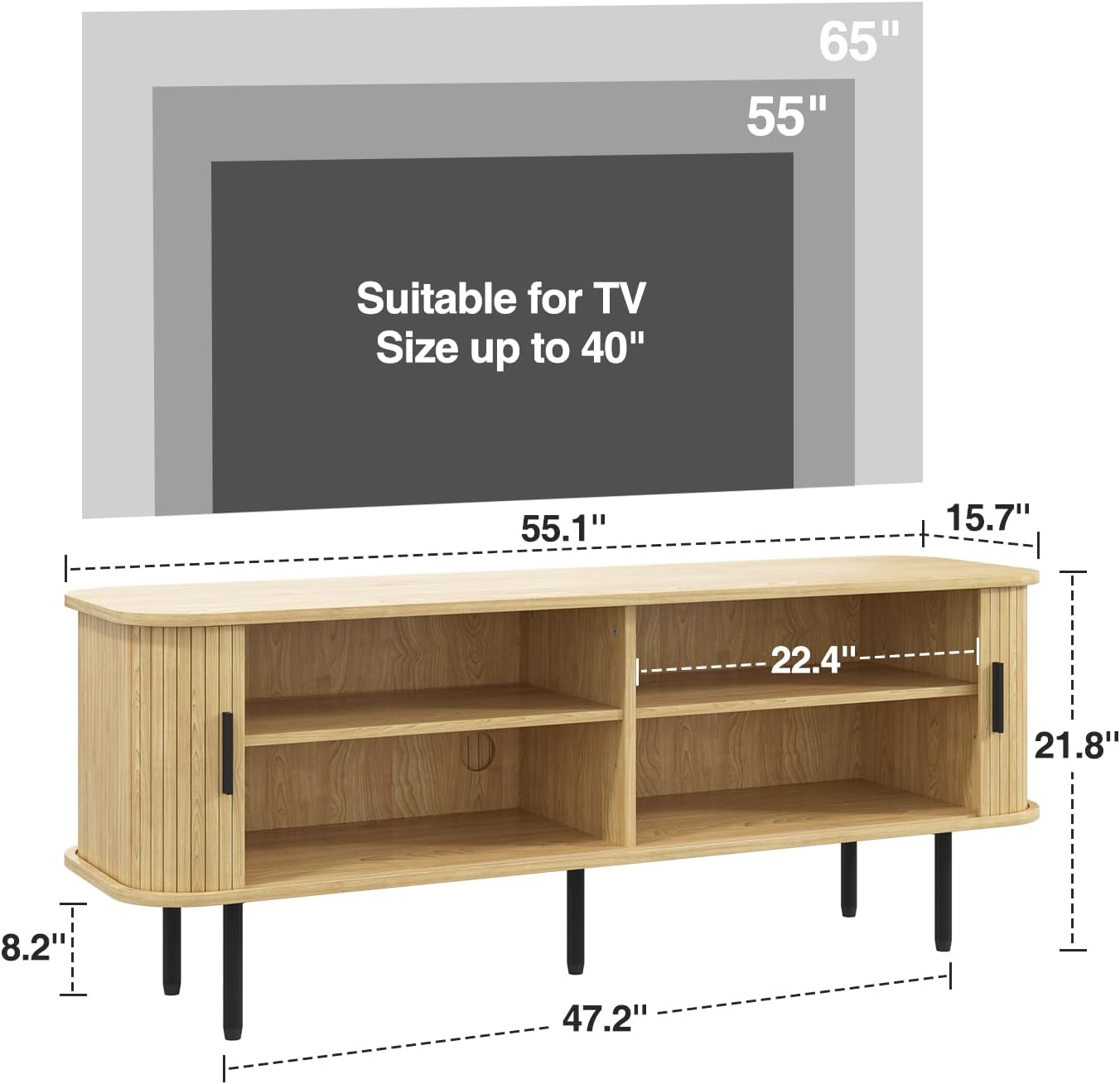 FiveWillowise 55' Natural Fluted TV Stand for TVs up to 65 Inch, Gaming Entertainment Center with Tambour Slatted Sliding Doors and Storage Cabinet, Media TV Consoles Table for Living Room, Office