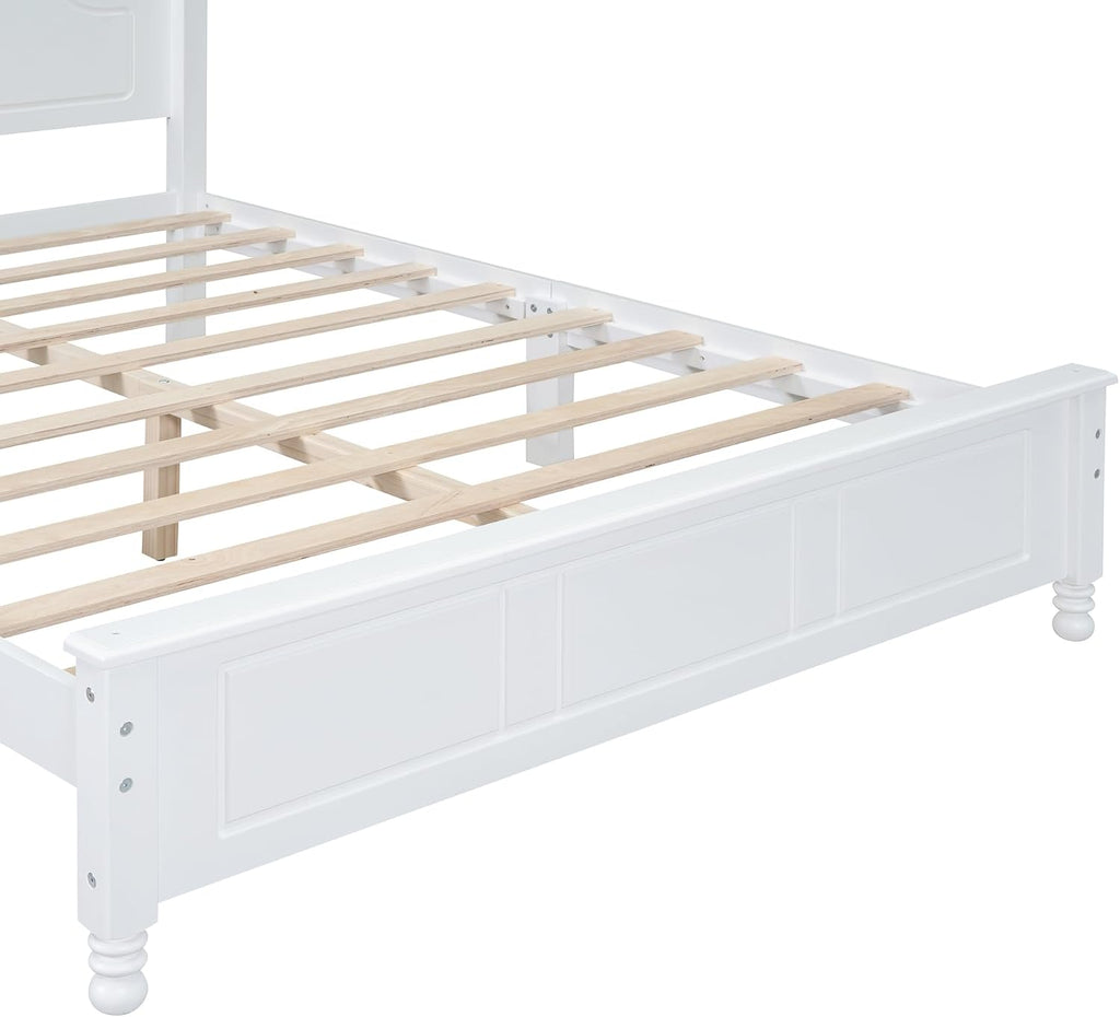 JIVOIT Wood Queen Bed Frame with Headboard and Footboard, Retro Style Platform Bed with Wooden Slat Support, Solid Wood Foundation, Queen Size Wooden Bed Frame (White, Queen Bed, 1)