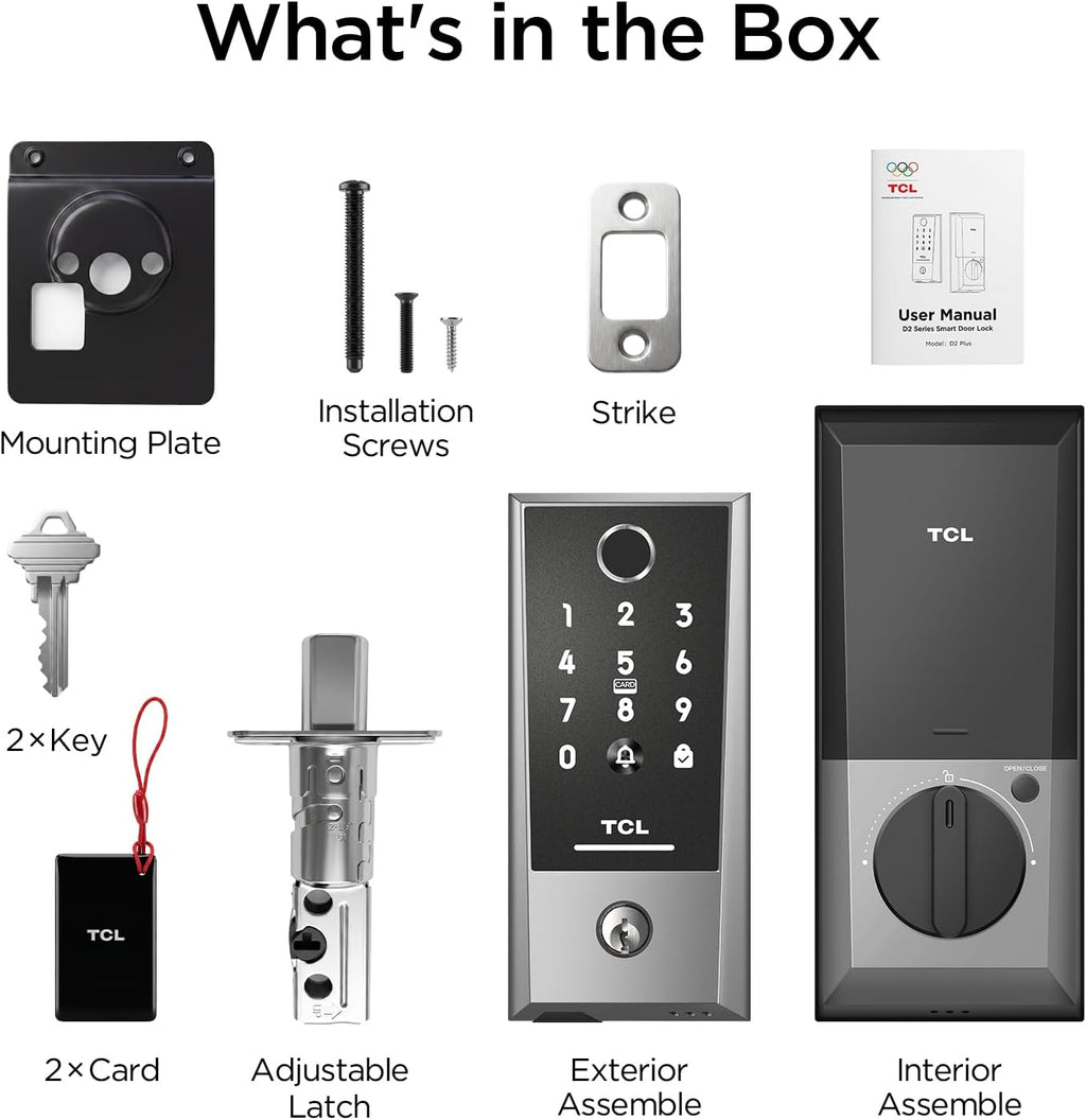 TCL Smart Deadbolt Lock, Fingerprint Keyless Entry Door Lock with Touchscreen Keypad, App Control, 8-Month Battery, WiFi Enabled, Front Door Locks Compatible with Alexa & Google Home, D2 Plus