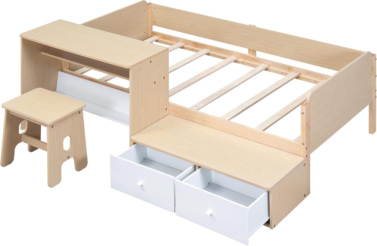Functional Design Twin Size Platform Bed Daybed with 2 Drawers and 1 Chair&Desk Set, Solid Wood Daybed Frame with Full-Length Guardrails for Kids Boys Girls, Sturdy Slat Support (Natural+White)