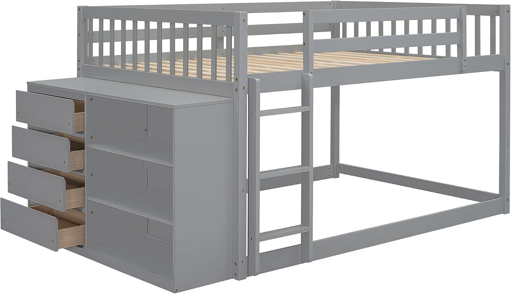 Merax Full Over Full Bunk Bed with 4 Storage Drawers and 3 Shelves, Wooden Floor Bunk Bedframe with Guardrail & Ladders, No Box Spring Needed, Easy Assembly