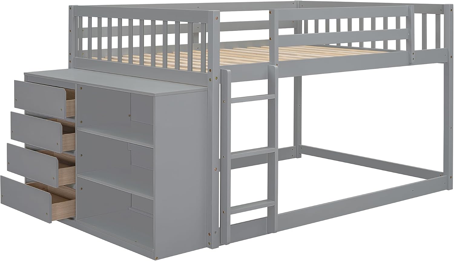 Merax Full Over Full Bunk Bed with 4 Storage Drawers and 3 Shelves, Wooden Floor Bunk Bedframe with Guardrail & Ladders, No Box Spring Needed, Easy Assembly