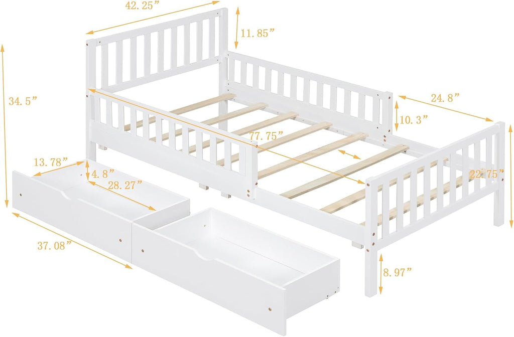 Kids Twin Size Bed Frame with Storage Drawers, Wood Twin Bed Frames for Kids, Twin Bed Frame with Headboard and Footboard for Boys Girls, No Box Spring Needed,White
