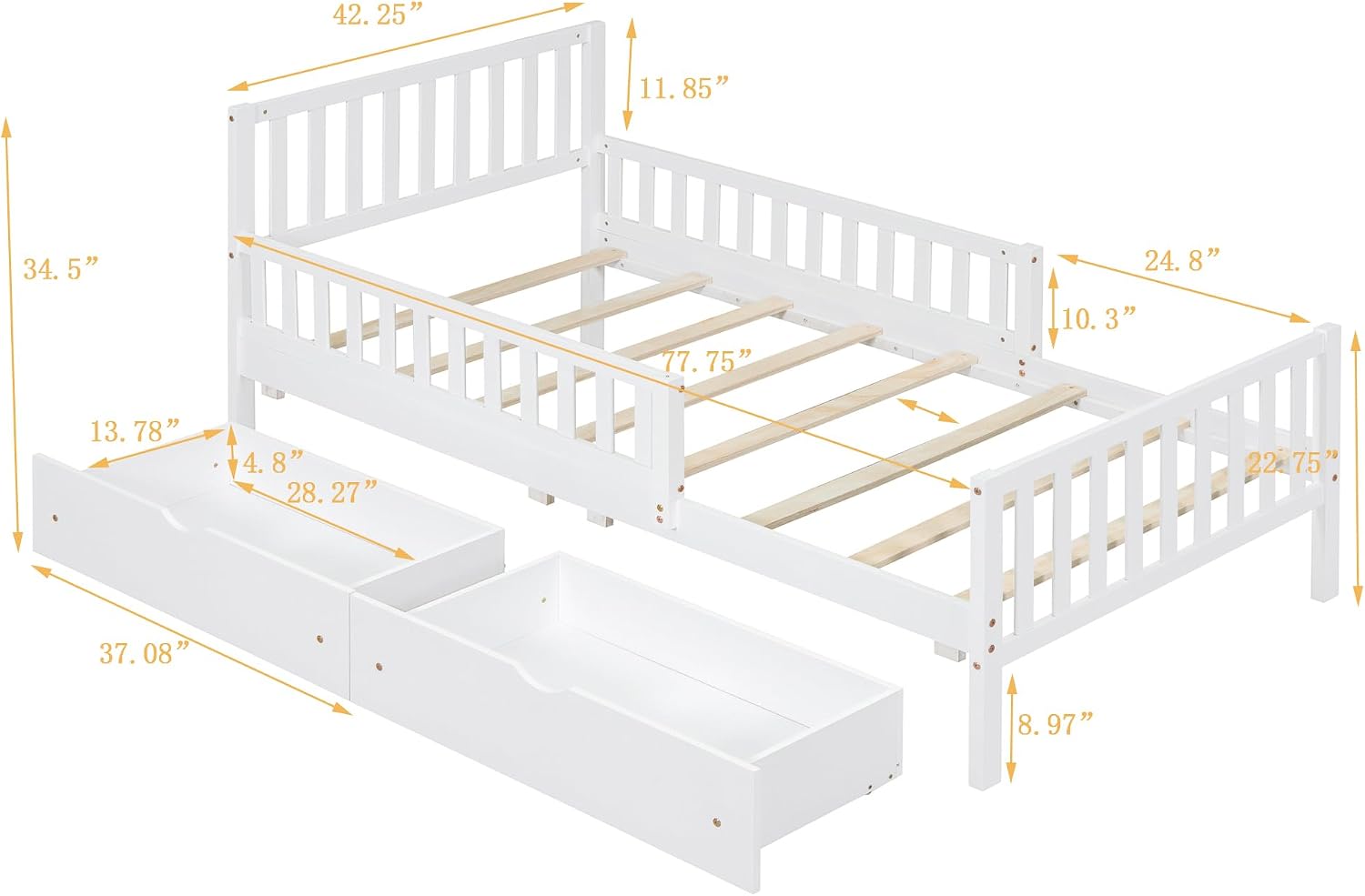 Kids Twin Size Bed Frame with Storage Drawers, Wood Twin Bed Frames for Kids, Twin Bed Frame with Headboard and Footboard for Boys Girls, No Box Spring Needed,White