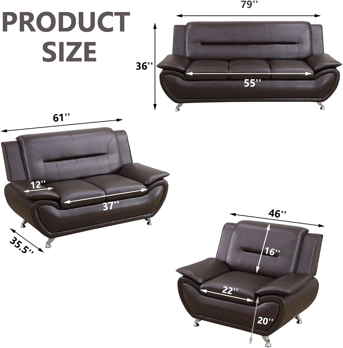 Contemporary Living Room Furniture Set, Vegan Leather Sofa Set for Living Room/House/Bedroom/Office/Apartment (Brown, Sofa;Loveseat;Chair)