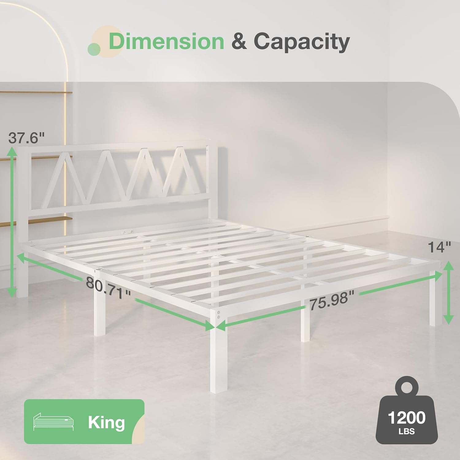 Novilla 14 Inch King Size Bed Frame with Headboard, White Metal Platform Bed Frame, King Bed Frame No Box Spring Needed, Easy Assembly