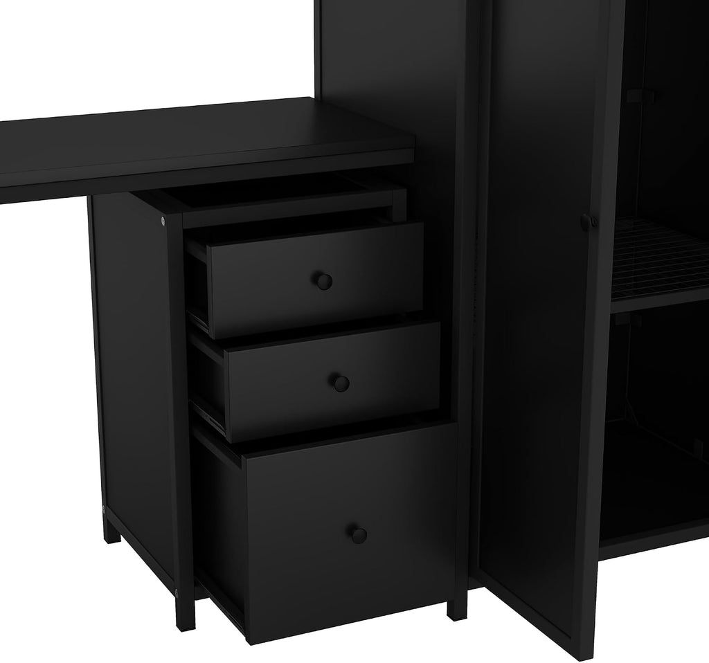 Full Size Loft Bed with Table Set, Wardrobe and Drawers, Metal Loft Bed Frame with Storage Staircase and Full-Length Guardrail for Kids Teens Boys Girls Adults Bedroom (Black-04)
