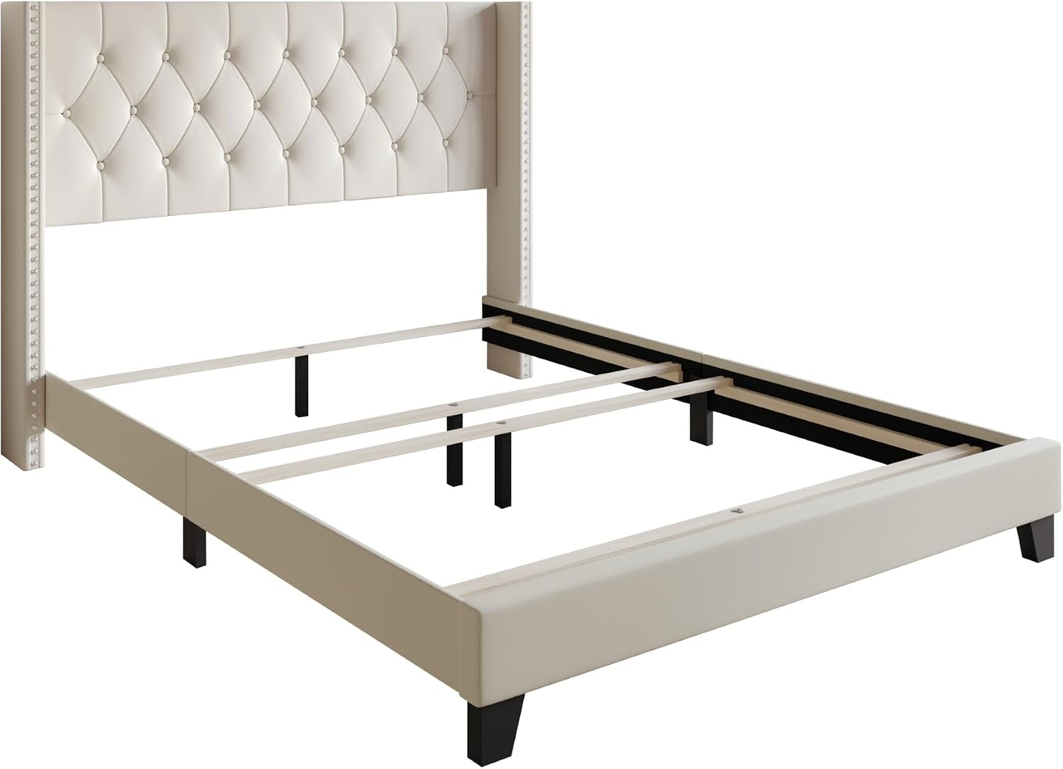 HOME DESIGN Homer Twin Tufted Wingback Upholstered Panel Bed with 2 Matching 1 Drawer Nightstands, Bedroom Furniture Set with Open Shelf Storage, Light Beige Black