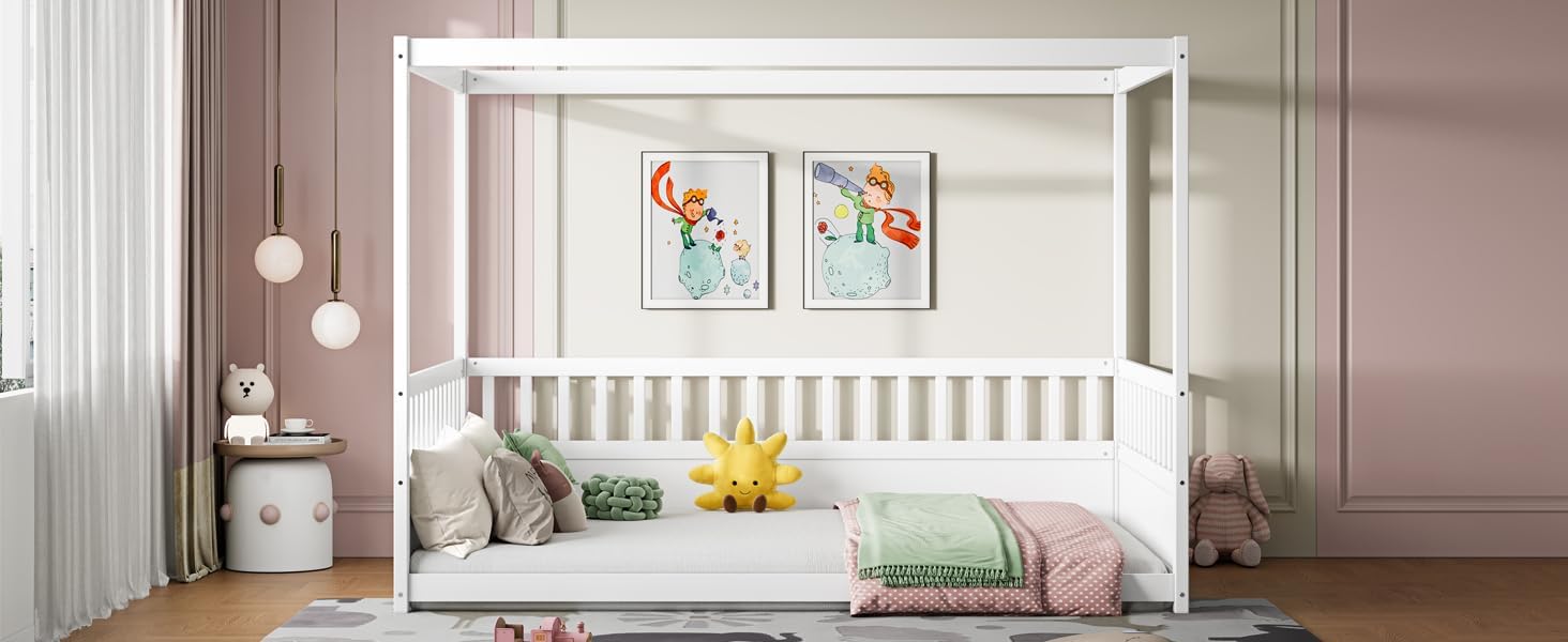 Full Size Canopy Bed Frame with Guardrails,Floor Bed Full with Four Poster Design,Montessori Floor Bed,Wood Canopy Bed Frame for Girls,Boys(Full,White)
