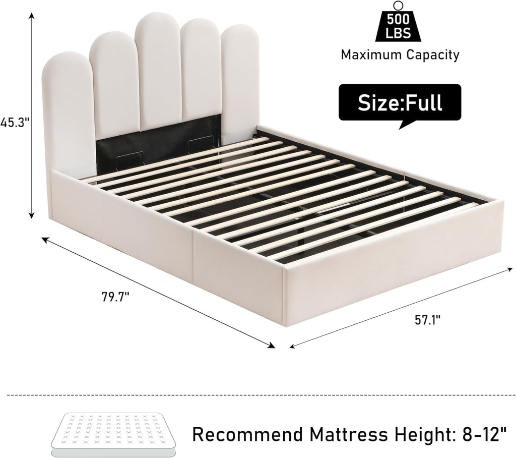 Lift Up Storage Bed Full Size, Upholstered Platform Bed with Hydraulic Storage System & Wood Slats Support, Full Bed Frame with Headboard, No Box Spring Needed, Easy Assembly, Cream