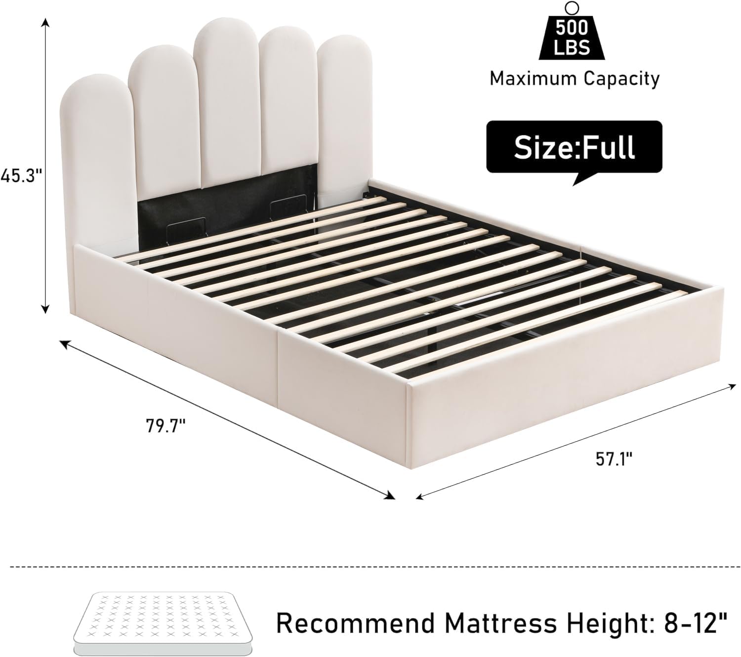 Lift Up Storage Bed Full Size, Upholstered Platform Bed with Hydraulic Storage System & Wood Slats Support, Full Bed Frame with Headboard, No Box Spring Needed, Easy Assembly, Cream