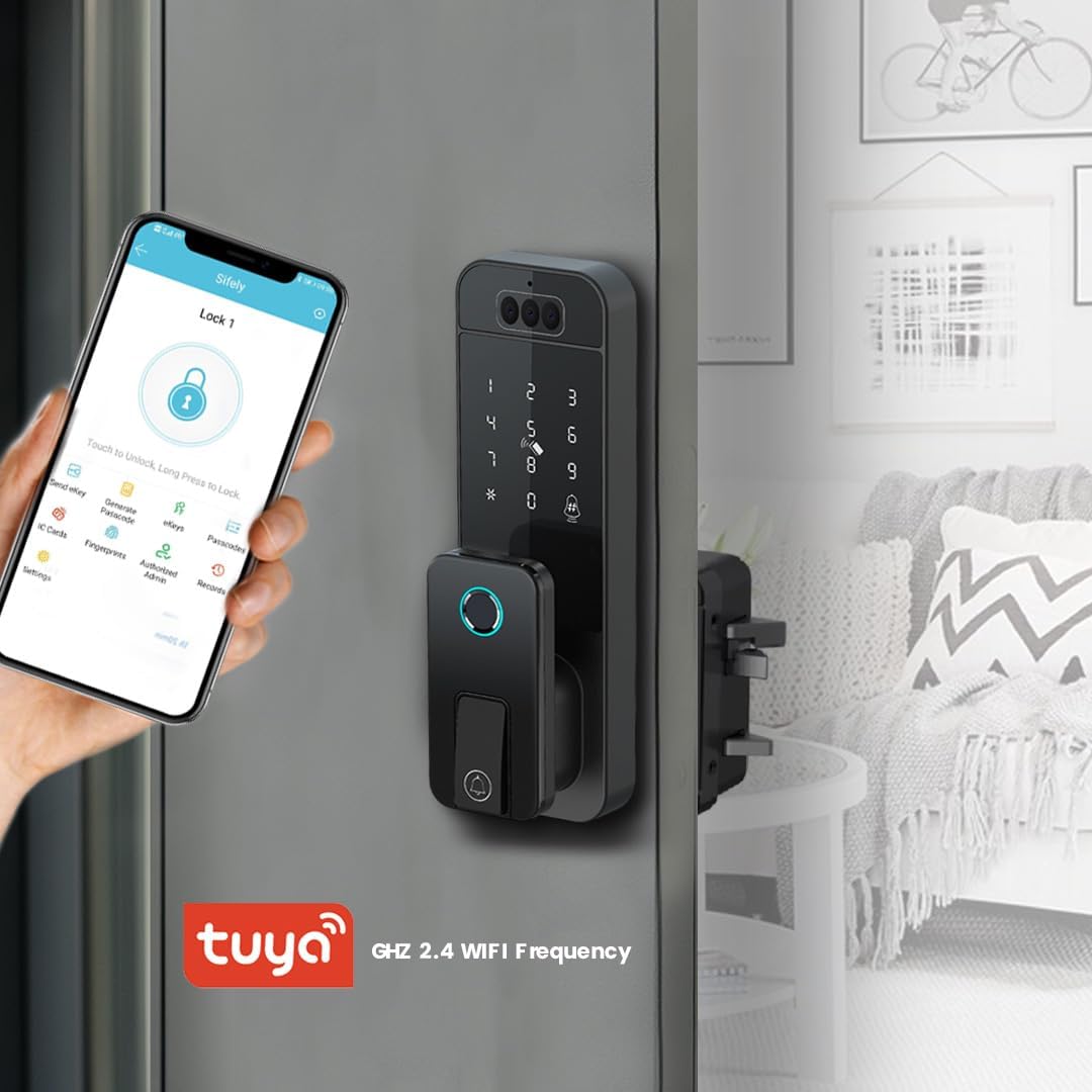 Smart Latch Door Lock with Face Recognition & Doorbell, 7-in-1 Keyless Entry, Palm Vein, Fingerprint, Password, IC Card, Key, Tuya App Control, Auto-Lock, Touchscreen Keypad, Black